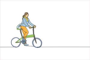 One single line drawing young happy startup employee woman ride bicycle to the coworking space vector illustration graphic. Healthy commuter urban lifestyle concept. Modern continuous line draw design