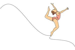 uno continuo línea dibujo de rítmico movimiento joven belleza gimnasta muchacha. piso ejercicio ejecutante en leotardo. sano activo deporte danza concepto. dinámica soltero línea dibujar diseño vector ilustración