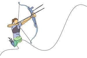 One continuous line drawing of young archer woman pulling the bow to shooting an archery target. Archery sport training and exercising concept. Dynamic single line draw design vector illustration