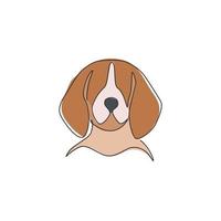 Single continuous line drawing of adorable beagle dog head for company logo identity. Purebred dog mascot concept for pedigree friendly pet icon. Modern one line draw design vector illustration