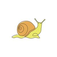 One single line drawing of exotic snail with spiral shell mascot concept for organic food logo identity. High nutritious escargot healthy food. Single line draw vector graphic design illustration