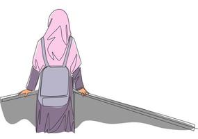 uno soltero línea dibujo de joven belleza medio este muslimah vistiendo burka y que lleva bolsa, espalda vista. tradicional árabe mujer niqab paño concepto continuo línea dibujar diseño vector ilustración