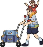 Hand Drawn Male tourist holding baby with travel bag illustration in doodle style vector