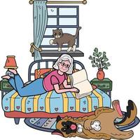 Hand Drawn Elderly reading books with dogs and cats illustration in doodle style vector