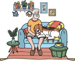 mano dibujado mayor hombre sentado con beagle perro ilustración en garabatear estilo vector