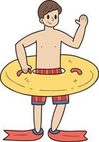 Hand Drawn Male tourist with swimming ring illustration in doodle style vector