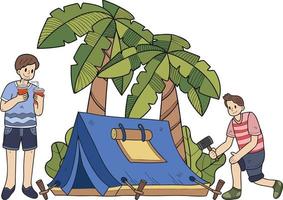 Hand Drawn group of tourists is setting up a tent in the forest illustration in doodle style vector