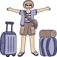 mano dibujado masculino turista con viaje bolso ilustración en garabatear estilo vector