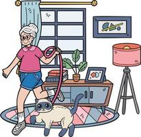 Hand Drawn Elderly play with cat illustration in doodle style vector