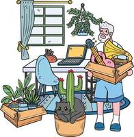 Hand Drawn Elderly Clean the room with the cat illustration in doodle style vector