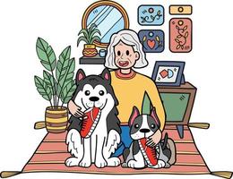 Hand Drawn Elderly sitting with the dog illustration in doodle style vector