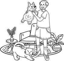 Hand Drawn Elderly play with dogs and cats illustration in doodle style vector