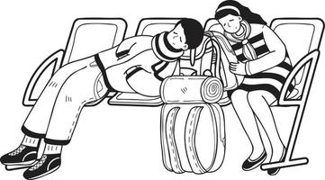mano dibujado turistas esperando para el avión ilustración en garabatear estilo vector