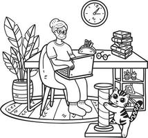 Hand Drawn Elderly working in a room with cats illustration in doodle style vector