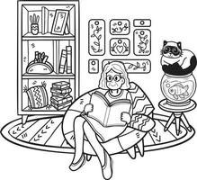 Hand Drawn Elderly reading a book with a cat illustration in doodle style vector