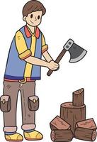 Hand Drawn man chopping firewood illustration in doodle style vector