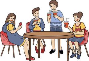 Hand Drawn group of teenagers drinking coffee illustration in doodle style vector