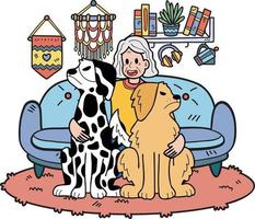 Hand Drawn Elderly woman training a dog illustration in doodle style vector