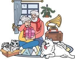 Hand Drawn Elderly with cats and dogs and gift illustration in doodle style vector