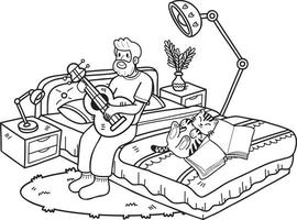 Hand Drawn Elderly playing guitar with cat illustration in doodle style vector