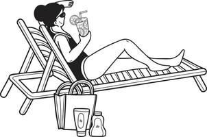 Hand Drawn Female tourist sunbathing at sea illustration in doodle style vector