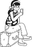 Hand Drawn Female tourist with suitcase and smartphone illustration in doodle style vector