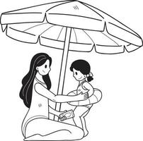 mano dibujado hembra turistas aplicando protector solar a su niños ilustración en garabatear estilo vector