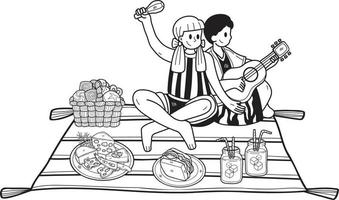 Hand Drawn Couple sitting on a picnic in the park illustration in doodle style vector