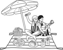 mano dibujado Pareja sentado en un picnic en el playa ilustración en garabatear estilo vector