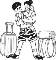 Hand Drawn Male tourist holding baby with travel bag illustration in doodle style vector