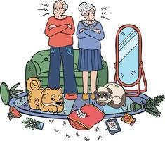 Hand Drawn Elderly scolding cats and dogs illustration in doodle style vector