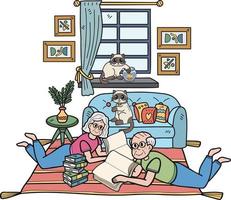 Hand Drawn Elderly reading a book with a cat illustration in doodle style vector