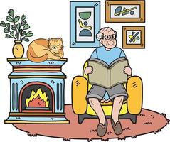 Hand Drawn Elderly reading a book with a cat illustration in doodle style vector