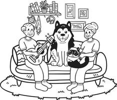 Hand Drawn Elderly hugging dogs and cats illustration in doodle style vector