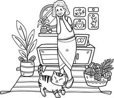 Hand Drawn Elderly play with cat illustration in doodle style vector