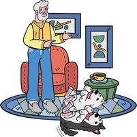 Hand Drawn Elderly man training a dog illustration in doodle style vector