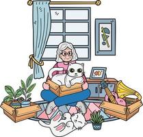 Hand Drawn Elderly holding a cat illustration in doodle style vector