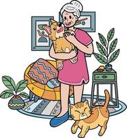 Hand Drawn Elderly play with dogs and cats illustration in doodle style vector