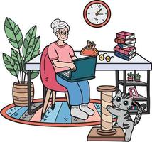 Hand Drawn Elderly working in a room with cats illustration in doodle style vector
