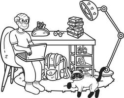 Hand Drawn Elderly working in a room with cats illustration in doodle style vector