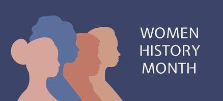 Women History Month banner. March 8 celebration. Group of women of different ethnicities and cultures together. Silhouettes of persons in profile. Trendy vector poster illustration
