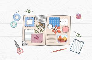 Scrapbooking workplace top view. Scrapbook elements, tools and stationery on wooden table. Journaling hobby. Book with newspaper clipping, photo, notes, leaves. Vector illustration