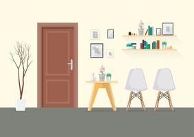 Flat Design Interior Living Room with Wooden Door vector