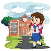 linda dibujos animados niña yendo a colegio con su mochila vector ilustración