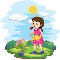 linda niña regando la planta ilustración vectorial vector