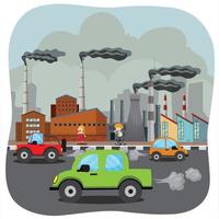 Air pollution concept with Polluted City, vehicle smoke and  factories smoke vector