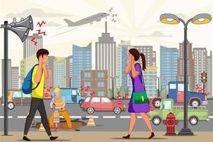 Man and woman walking on the city street covering her ears concept of noise pollution vector