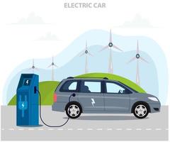 Modern Electric car at charging station EV concept, Electric car usage and green electricity vector