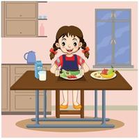 linda dibujos animados contento niña comiendo sano frutas y vegetal vector ilustración