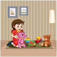 niña jugando con su oso muñeca vector ilustración